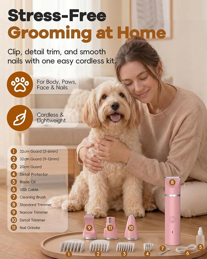 Veeconn 4 in 1 Dog Clippers Grooming Kit with Paw Hair Trimmer for Cat Pet | Low Noise, 7500RPM Powerful, IPX7 Waterproof, Safe & Easy for Beginners, 4 Guide Combs, Cordless Dog Nail Grinder (Pink)