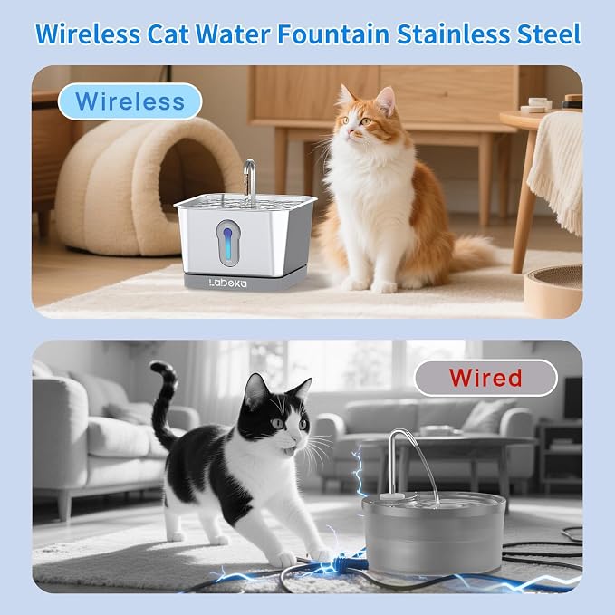 135oz/4L Wireless Cat Water Fountain, [304 Stainless Steel]&[Water and Electricity Separation Safety Design], Pet Fountain for Cats Inside, Innovative Design Easy to Clean for Cats and Dogs-8 Filters