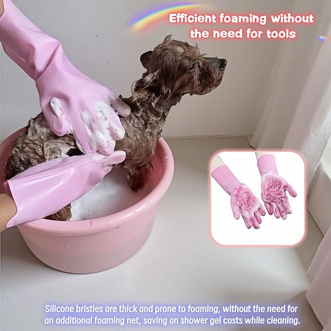 Silicone Dog Grooming Glove for Dogs and Cats, Enhanced Five-Finger Fit, Non-Slip & Extended Cuff, Dual-Sided Pet Bath Brush for Washing, Massage & Deep Cleaning 1 Pair (Pink)