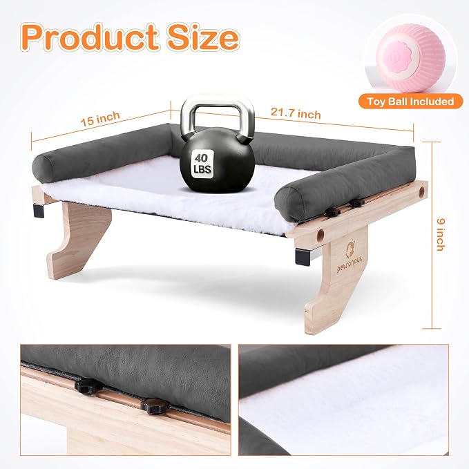 Cat Window Perch + Bonus Toy by Petronaut – Solid Wood, Durable & Easy-Clean, Comfortable Orthopedic Hammock, No Drilling, No Suction Cups, Holds 40 lbs – Window Seat for Large Cats, 21.7"x15"