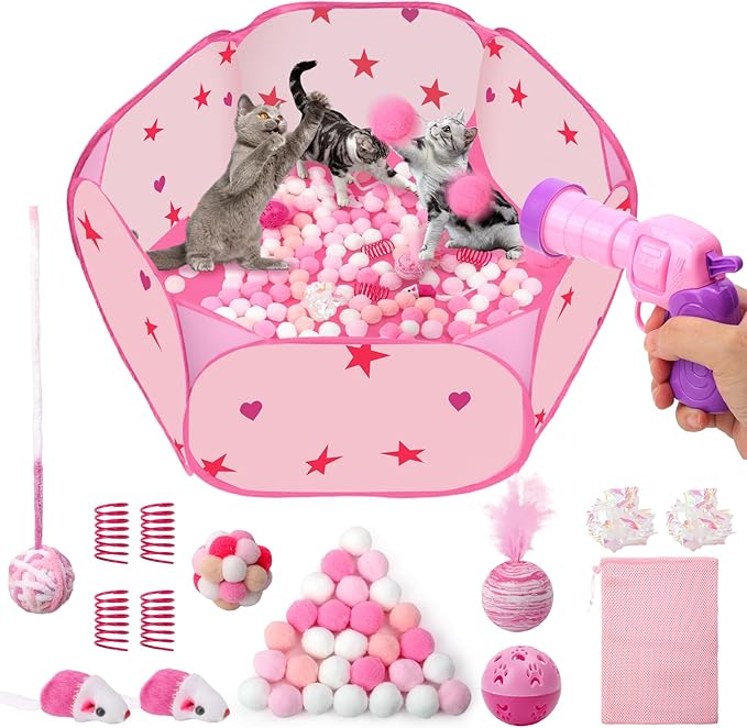 Cat Ball Pit for Indoor Cats, Collapsible Interactive Cat Toy Set with Pom Pom Launcher Crinkle Balls Jingle Bells Springs Toy Mice, Foldable Enrichment Play Pen for Bored Kittens Self Play (Pink)