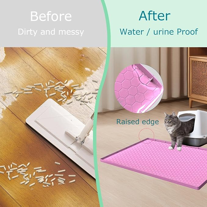 Cat Litter Mat for Litter Box, Silicone Large Cat Litter Trapping Mat - 28x19 in, Waterproof & Non-Slip, Durable & Easy Clean, Pink