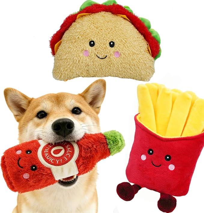 3-Pack Squeaky Dog Toys Funny Taco Plush Dog Chew Toys Set with Built-in Squeakers, Interactive Stuffed Pet Toys for Small Medium Large Dogs