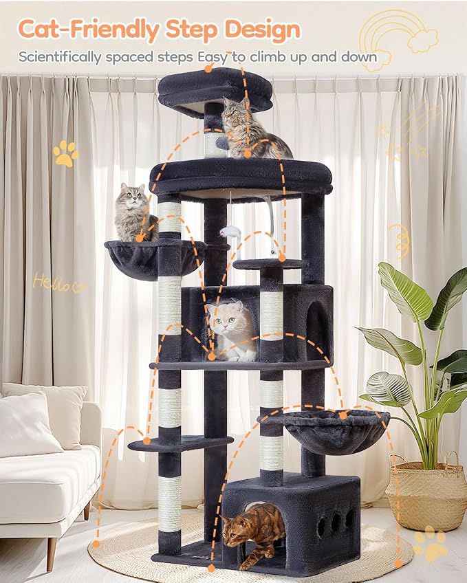 Taoqimiao 71in Cat Tree, Heavy Duty Large Cat Tower for Indoor Cats MS050G | Extra Wide Sturdy Base, Tall Multi-level, 7 Sisal Scratching Posts, 2 Houses, 2-Post Supported Baskets, 2 Perches, Smoke Gray