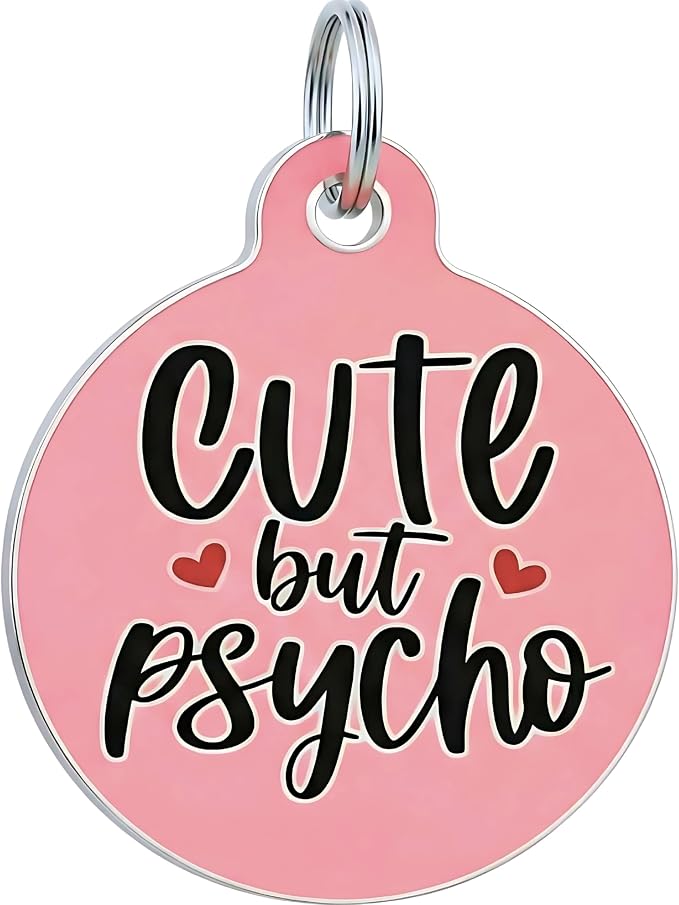 Bad Tags Personalized Dog and Cat ID Tags in 25+ Designs and 2 Sizes - 5 Lines of Custom Engraved Text - Funny Cute Personalized Pet Tags (Cute But Psycho, Large (1.25 inch))