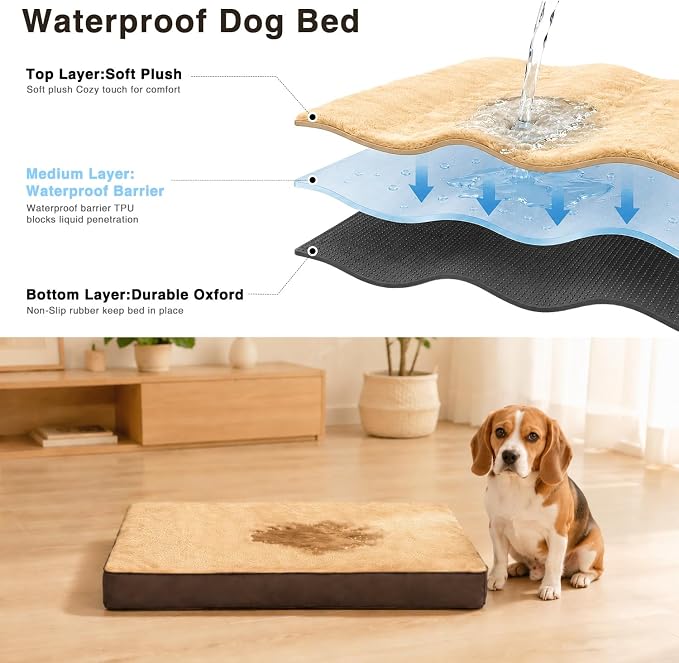 NUPIDA Waterproof Large Dog Bed for Crate with Washable Cover, 35x22, Brown | TPU Waterproof Layer, Easy Clean Cover, Soft Plush Surface, Durable Oxford Fabric, Non-Slip Bottom, For Large Breeds ≤50lbs