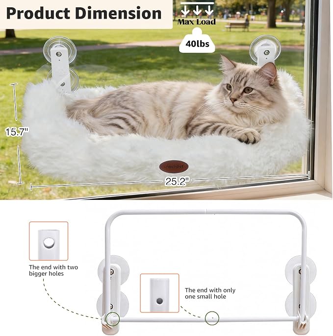 Cordless Cat Window Perch, Large Size Hammock with 4 Strong Suction Cups, Cat Hammock for Window with Two Fabrics Cover, Foldable Bed for Cats
