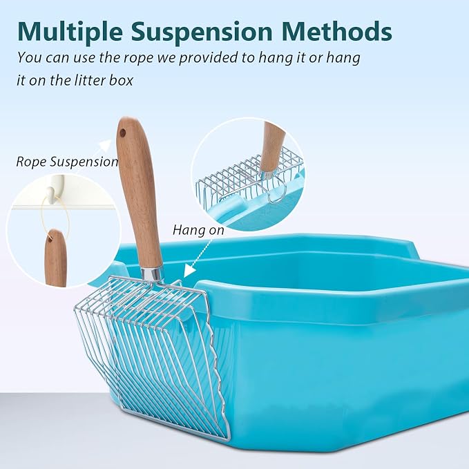 Cat Litter Scoop, Premium Kitty Shovel with Hook and Hole, Metal Sifter Scooper Stainless Steel for Easy Cleaning, Durable and Heavy Duty, Odor-Free for Litter Box | 0.3-inch Gap, Wooden Handle, with Hook and Hole, Stainless Steel, Easy Cleaning, Durab...