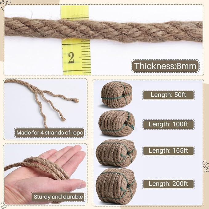Sisal Rope for Cat Scratcher 1/4" 50 Ft Cat Tree Rope Twine for Repairing Cat Scratching Post Replacement DIY Hemp Rope for Carpet Mat Kicker House, Pet Toy, and Crafts Gardening Home Decorating