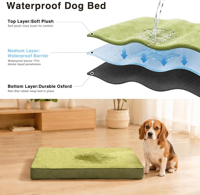 NUPIDA Waterproof Large Dog Bed for Crate with Washable Cover, 35x22, Green | TPU Waterproof Layer, Easy Clean Cover, Soft Plush Surface, Durable Oxford fabric, Non-Slip Bottom, For Large Breeds ≤50lbs