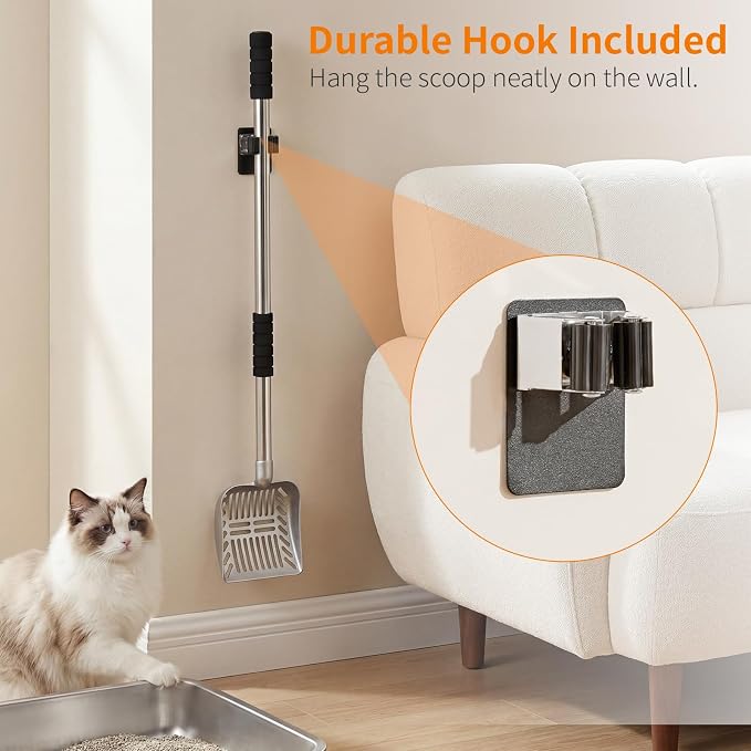 Yangbaga Metal Cat Litter Scoop:Detachable Long Handle Litter Scooper with Deep Shovel,Pooper Scooper Heavy Duty for Litter Box,Stainless Steel Non-Stick Sifter with Foam Padded Grip,No Bending Back