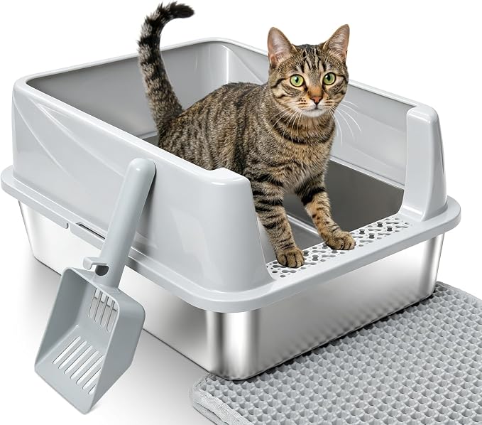 Stainless Steel Litter Box with Lid, Metal Litter Box No Odors,Cat LitterBox for Small to Medium Cats, Non Stick, Easy Cleaning
