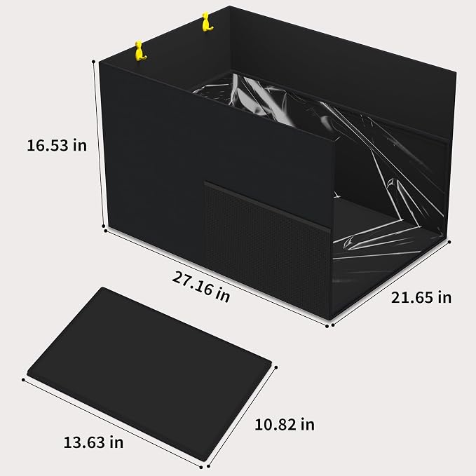 Aokeyee Cat Litter Box Enclosure Splash Guard, Black Waterproof | 27.16x21.65x16.53, Removable PVC Mat with 2 Hooks, Foldable Anti-Leakage Dust Control