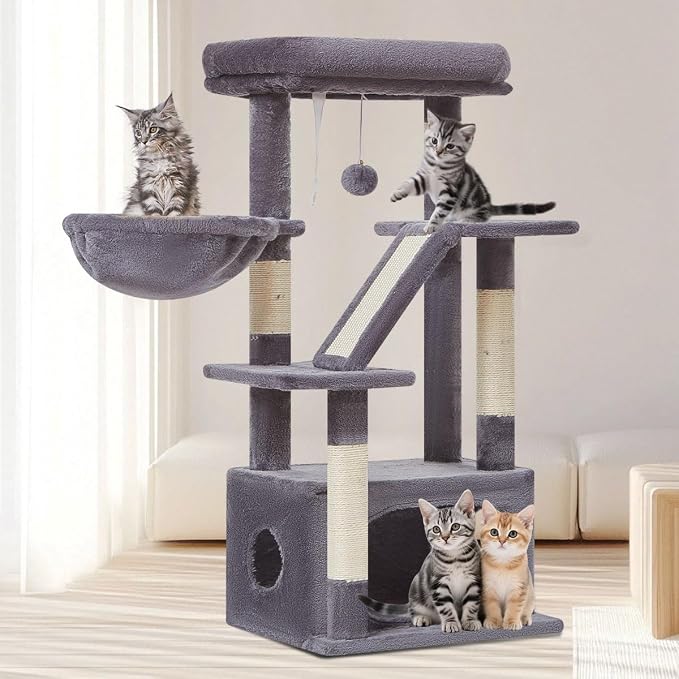 Taoqimiao Cat Tree, 38.5In Cat Tower for Indoor Cats, Suitable for Kittens | Thick Padded Top Perch, Luxurious Cat Condo, Adjustable Basket, 1-Piece Ramp Scratcher, 3 Sisal Posts, Smoky Gray, MS029SG