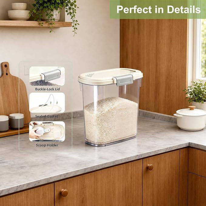 Large Rice Storage Container 15-20 Lbs, Tall Flour Container Dry Food Bin | Slim Food Container with Scoop, Cup for Cereal, Sugar, Beans, Pet Dog Cat Food, Kitchen and Pantry Storage Organization