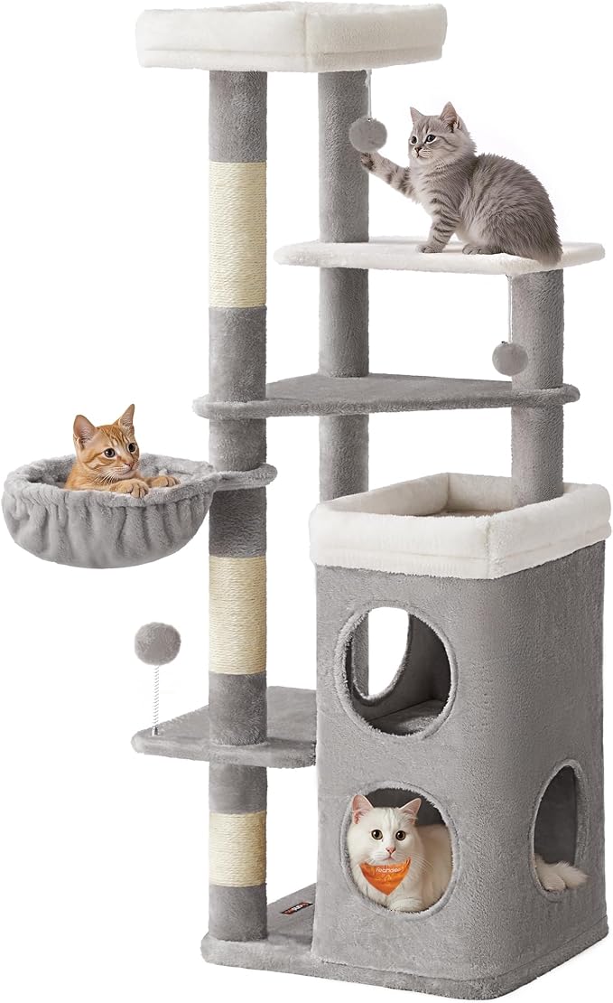 Feandrea Cat Tree Indoor, 60" Multiple-Level Plush Cat Tower, Dove Gray | 2 Caves, 3 Steps, 3 Scratching Posts, 3 Ball Toys, Cat Condo House for Large Adult Cats, UPCT007G01