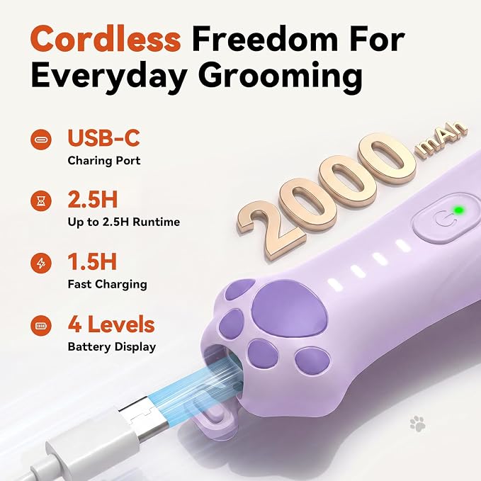 4-in-1 Dog Clippers for Grooming Kit - 45dB Quiet 150-Min Run Non-Slip Grip | Cordless Rechargeable IPX7 Waterproof Hair Paw Trimmer & Nail Grinder Pet Shaver at Home Razor for Dog & Cat, Purple Veeconn