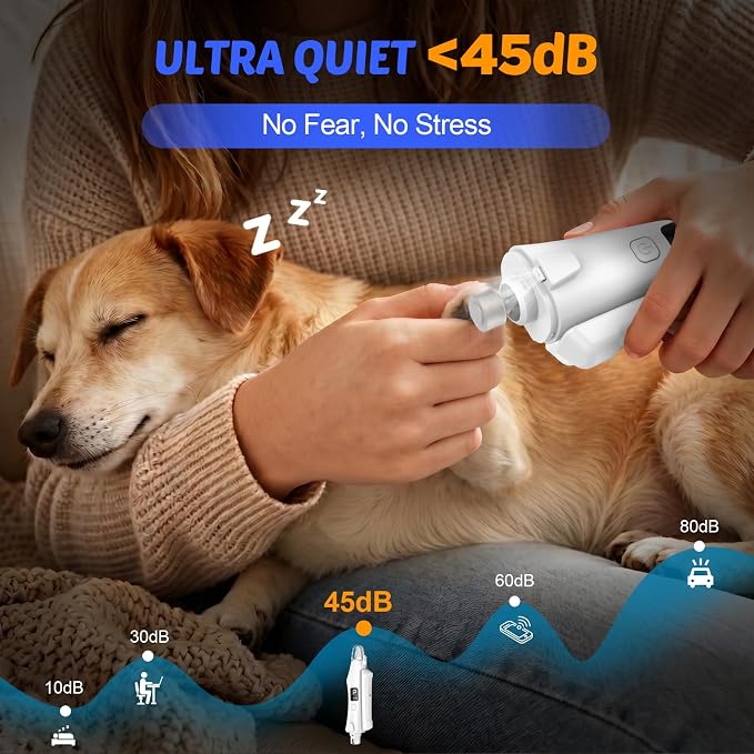 2-in-1 Dog Cat Nail Clippers and Grinder with Light: Electric LED Silent Quiet Pet Nail Claw Trimmers USB Rechargeable Safety Lock Small Large Dog