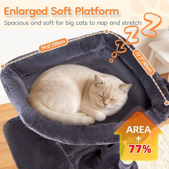 Taoqimiao Heavy Duty Cat Tree, 73In Sturdy Cat Tower for Large Cats 25lbs+ | 2 Widen Condos, Enlarged Sleeping Platform, 9 Scratching Posts, 2 Cozy Baskets, Cat Toys, Smoky Gray, F30G