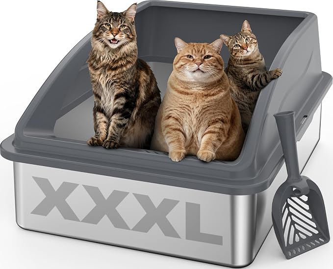 AIPERRO Stainless Steel Litter Box Extra Large for Big Cats and Multi-Cats | Jumbo Extra Large High Sided Metal Cat Box with Lid | Anti-Urine Leakage,Non-Stick & Easy to Clean | Include Litter Cat Scoop
