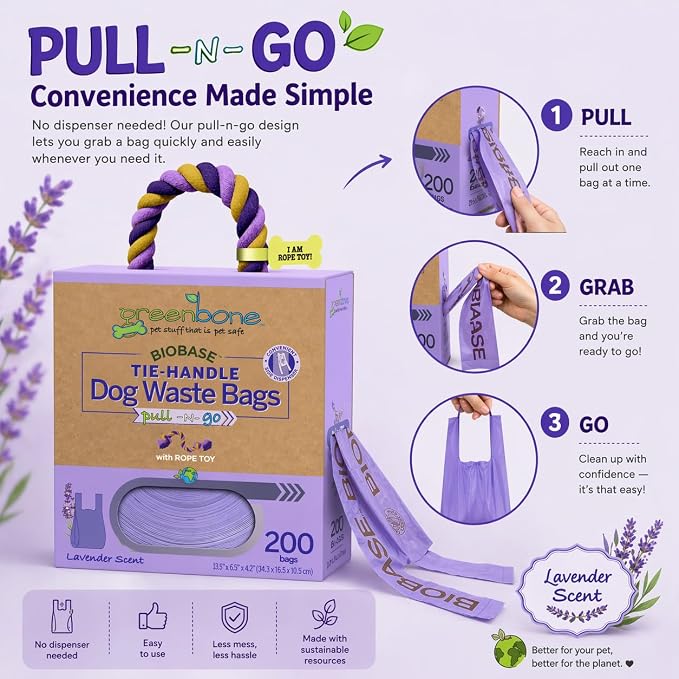 Greenbone Poop Bags for Dogs with Handles Lavender Scent Purple with Bonus Rope Pet Toy, 200 Count on Single Roll, Plant Based