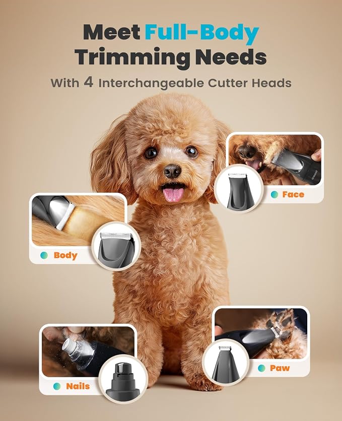 oneisall Professional 4-in-1 Dog Grooming Kit with LED Light | Quiet Clippers & Nail Grinder, Cordless, 3.7 hrs Runtime, LED Display, Safe for Paws, Face, Ears & Body