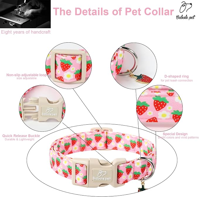 Cute Spring/Summer Dog Collar, Adjustable Pink Strawberry Dog Collars for Large Dogs, Lightweight Quick-Release Buckle Collar for Boy&Girl Dogs L