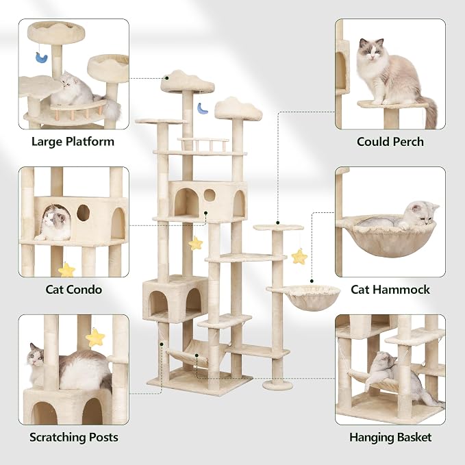 Meecal 79 Inch Tall Cat Tree Tower for Large Indoor Adult Cats, Beige | Extra Large Cat Tree with Scratching Post, Plush Condo, Perch, Hammock & Toys, Multi-Level Indoor Activity Center, Heavy Duty