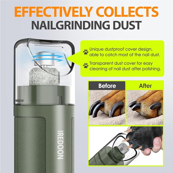 IREDOON Dog Nail Grinder Upgraded - Professional 3-Speed Super Quiet and Low Vibration Electric Pet Nail Grinder with 4 LED Lights - Painless Paws Grooming & Smoothing for Small to Large Dogs (Green)