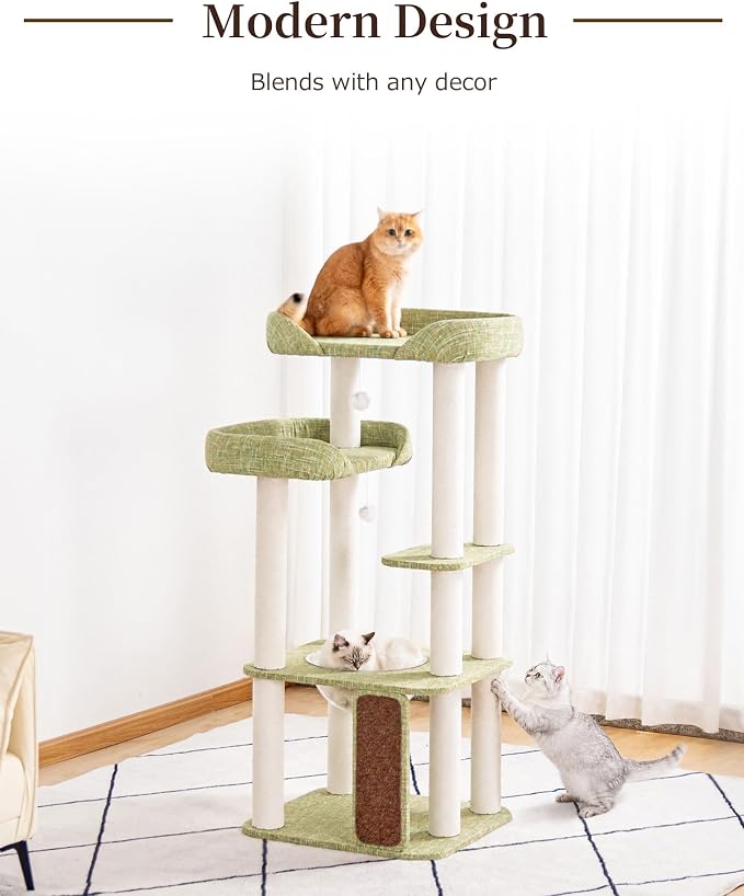 53'' Cat Tree for Large Cat, Modern Senior Friendly Cat Tower with Wide Shelves Low Step, Cotton Scratching Posts, Super Sturdy Base, Cozy Perches, and Interactive Toys (Green)
