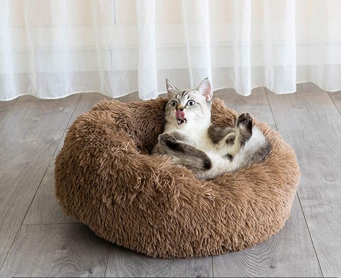 Faux Fur Dog Bed Cat Bed,Shag Round Anti-Anxiety Pet Calming Bed Doughnut Cuddler for Medium Large Puppy Dog Cat Kennel Cushion Self Warming Bed (28'' D x 8'' H, Coffee)