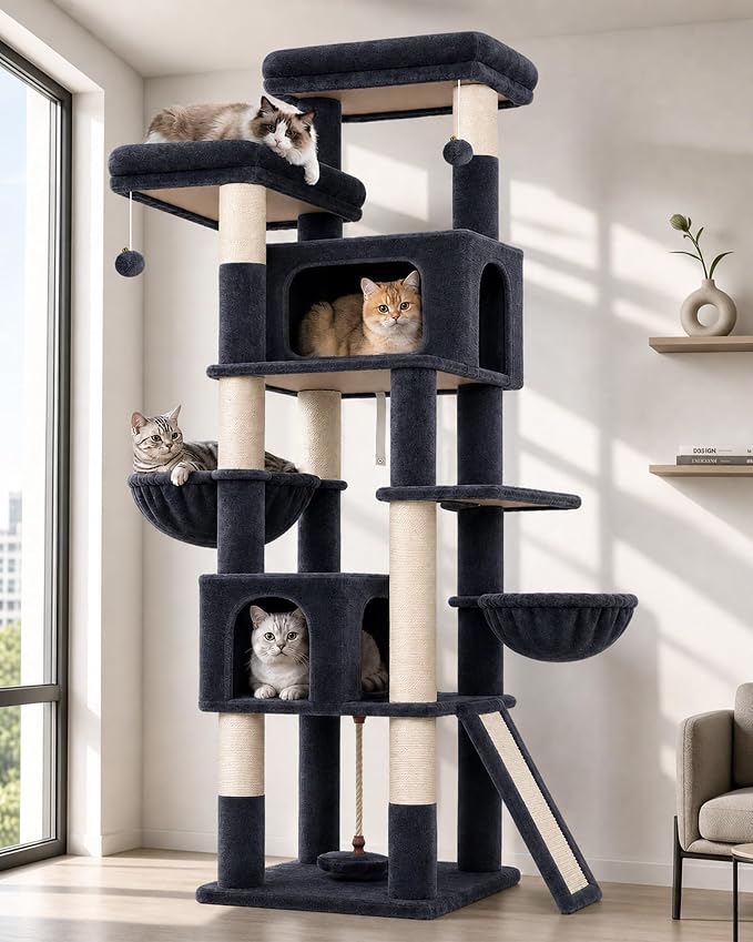 Globlazer 75in Tall Cat Tree Tower for Indoor Cats, F75B, Dark Grey | Large Cat Tree for Indoor Cats Large Adult, Multi-Level Cat Tower with 7 Scratching Posts, 2 Cat Condos, 2 Top Perches