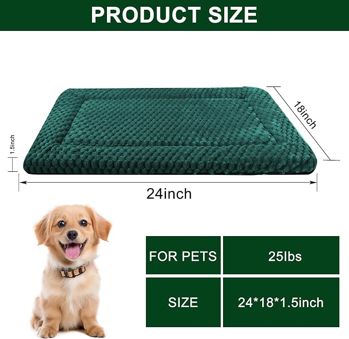 Dog Bed Mat,Reversible & Ultra Soft Kennel Pad-Machine Washable Pet Bed for Dogs & Cats-All-Weather Crate Liner for Crates,Carriers & Travel (Dark Green, 24" L x 18" W x 1.5" Th)