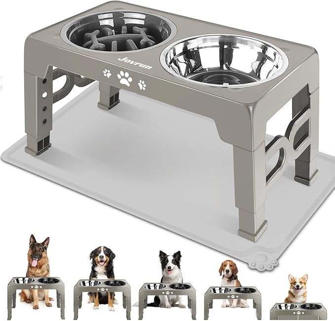 Jovrun Elevated Dog Bowls for Medium Large Dogs with Mat, Non-Slip Dog Feeder with 1*Stainless Steel Dishes & 1*Slow Feeder Bowl, 5 Heights Adjustable Raised Bowls for 3.15″-8.66″-9.84″-11.02″-12.2″