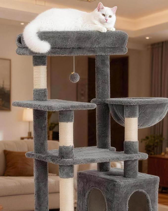 54 Inches Cat Tree, Tall Cat Tower with Hammock, Condo and Scratching Pad, Cat House with Plush Perch for Indoor Cats Adult