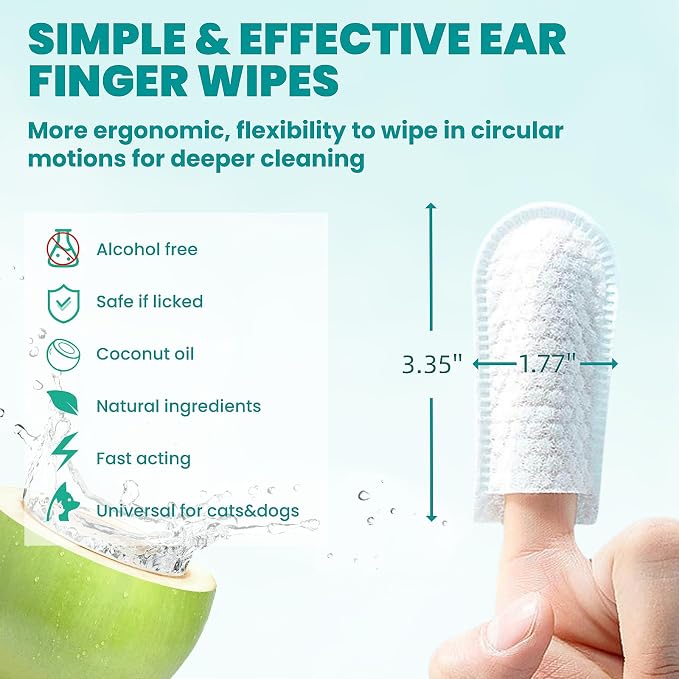 MEDUWEDU Wider Ear Cleaner Finger Wipes 60 Counts, Dog Ear Cleaner, Grooming Kit Care for Dogs and Cats,Otic Cleaning Pads, Remove Wax, Dirt & Stop Smelly, Itchy, Non-Irritating, Coconut Scent