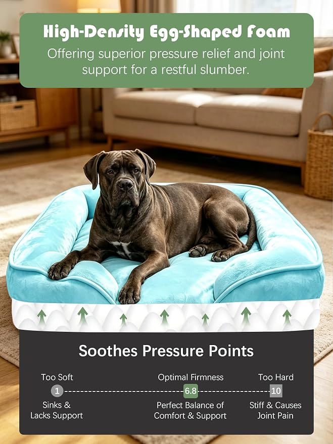 Spotted Play Orthopedic Dog Bed with Sides - Sofa Beds for Extra Large Dogs, Supportive Foam Pet Couch Bed with Washable Removable Cover, Waterproof Lining and Non-Slip Bottom, Ice Blue - XXL