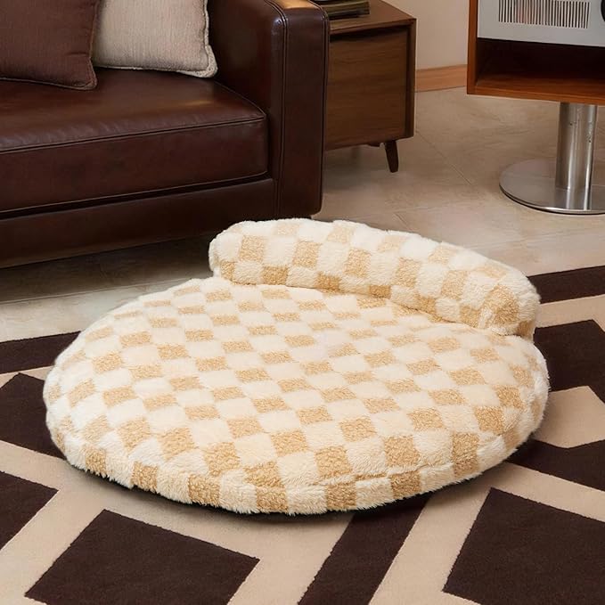 Orthopedic Dog Bed for Small Dogs and Cats Beige Oval 30x25x7 | Calming Pillow Pet Couch Sofa, Removable Washable Cover, Oval 3D Checkered Plush, Indoor