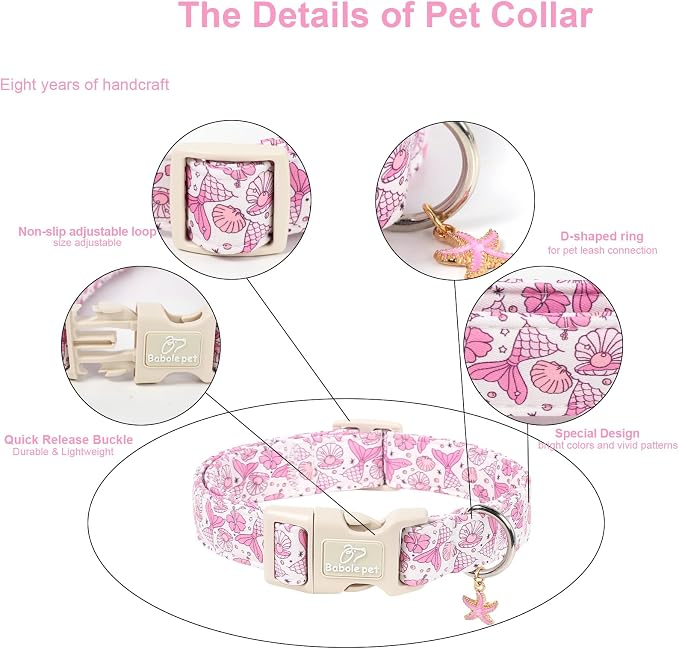 Girl Dog Collar, Summer Pink Mermaid Dog Collars for Medium Dogs - Cute Ocean Themed Pup Collar, Soft Adjustable Female Pet Collars with Quick Release Buckle M