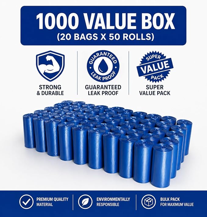 EZ Pick Up 1000 Ct Dog Waste Bags Blue 50 Rolls 1000 Poop Pet Disposal Bag | leak proof, extra large, heavy duty, puppy training, refill bags, 9"x12", poo bag, poopy clean up