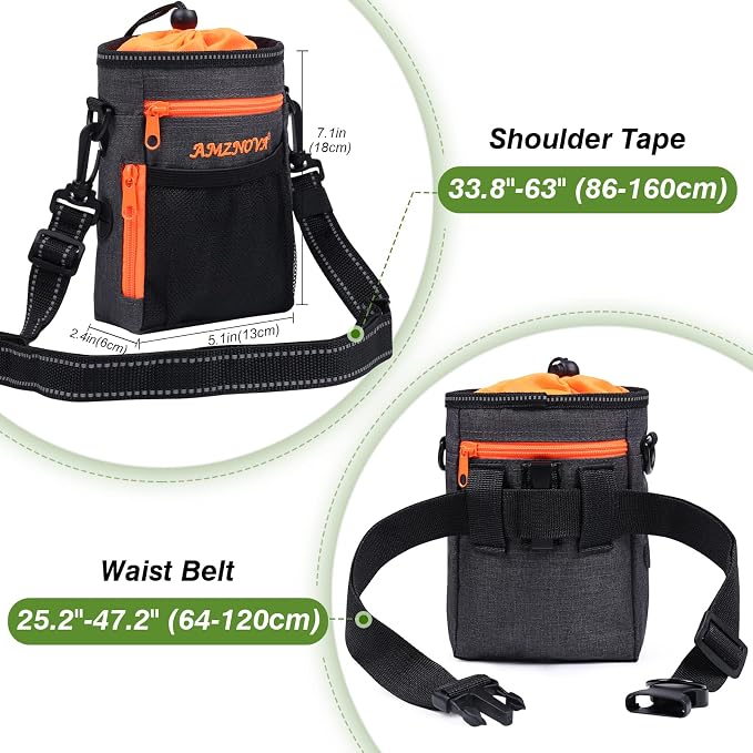 AMZNOVA Dog Treat Pouch Treatnow Dog Treat Bag, 6 Cups, Heather Black | Training Pouch with Waist Belt & Clicker for Training & Walking, Waist Clip On Snack Fanny Pack for Pet
