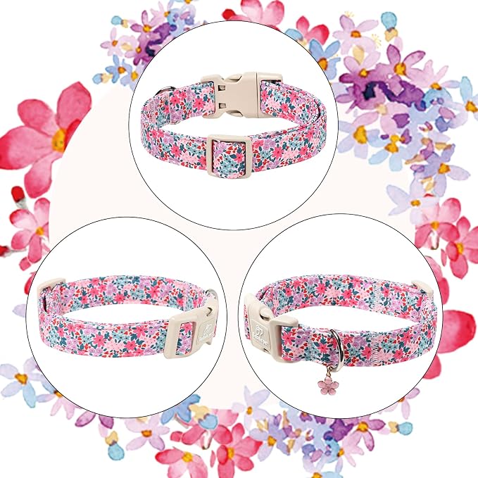 Floral Dog Collar, Cute Girl Dog Collars - Pastel Wildflowers Pattern Spring Summer Puppy Collar, Adjustable Female Dog Collars for Small Medium Large Dogs L