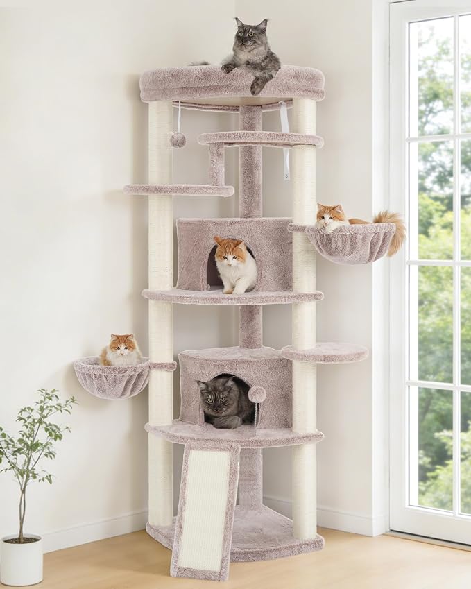 Corner Cat Tree, All Sisal Multi-Cat Scratching Posts GCT035MU | 63.8" Cat Tower for Indoor Cats with Cat Condo, 2 Large Cat Caves, Big Top Perch, 2 Hanging Baskets & Sisal Ramp, Muchroom