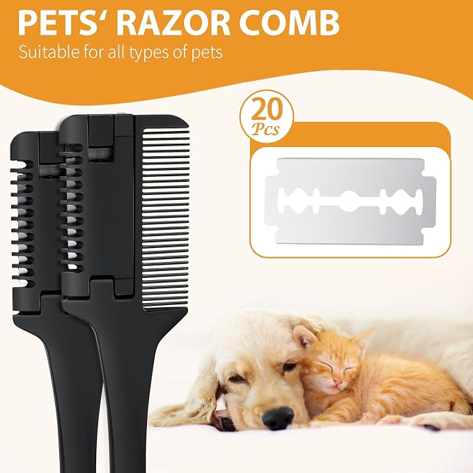 2-in-1 Pet Grooming Comb for Dogs and Cats - 2 Combs with 20 Extra Blades for Trimming and Grooming | 2 in 1 Trimming&Grooming, Dog Cat Brush that Cuts Hair, Hair Cutter Comb for Dog Cat, Pet Hair Trimmer Grooming Comb Dog Cat