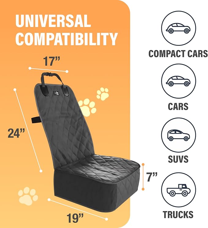 Active Pets Dog Car Seat Cover, Waterproof Front Seat Protector for SUV Truck Sedan, Pet Safety Travel Comfort System with Universal Fit, Black