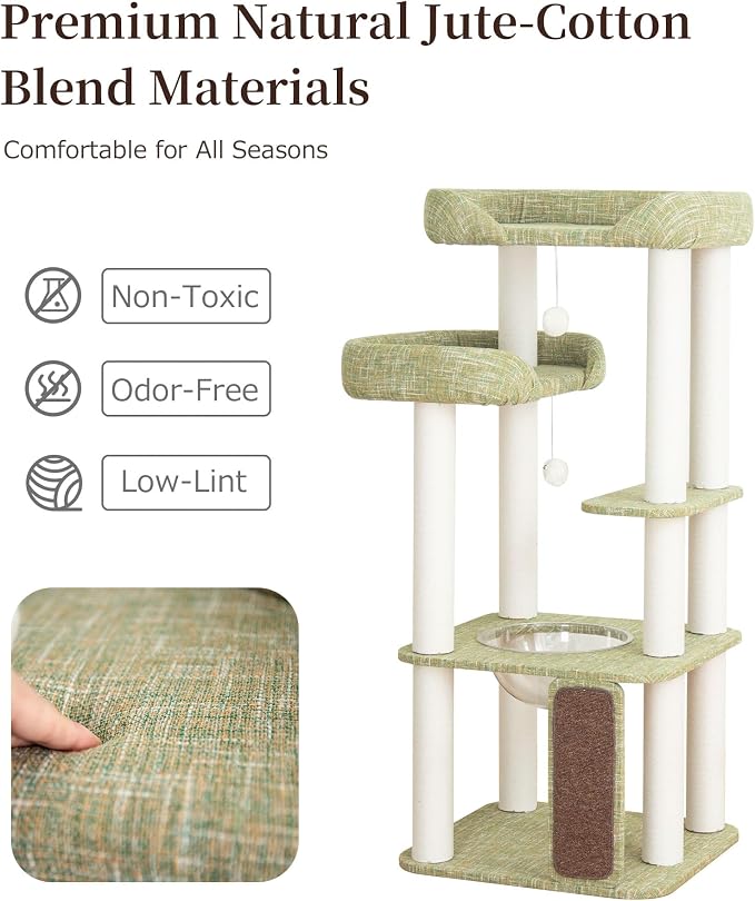 53'' Cat Tree for Large Cat, Modern Senior Friendly Cat Tower with Wide Shelves Low Step, Cotton Scratching Posts, Super Sturdy Base, Cozy Perches, and Interactive Toys (Green)