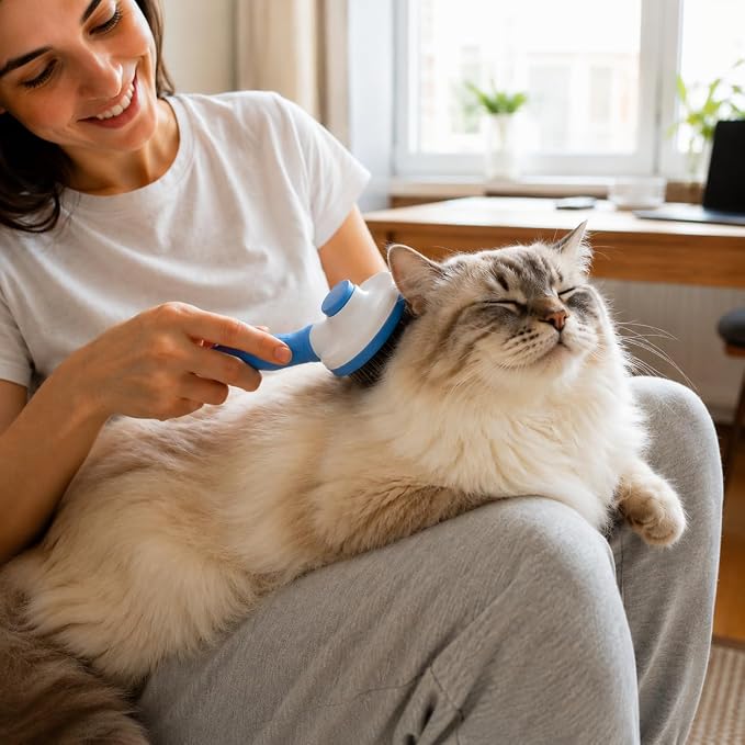 Cat Brush for Shedding & Dog Grooming, Self Cleaning Slicker Brush, Deshedding Tool with Easy Release Button, Rounded Stainless Steel Pins for Long & Short Hair Pets (Blue)