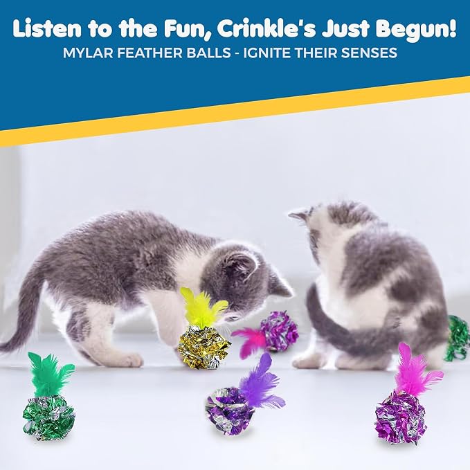 SunGrow Mylar Crinkle Balls with Feathers, 2.5-Inches, Shiny Stress Buster Crinkler, Suitable for Multiple Cats' Engagement, Ideal for Kittens and Grown-up Cats, 20-Pcs