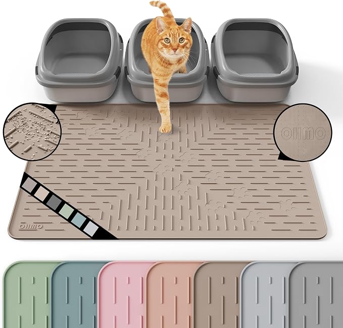 OHMO XL Cat Litter Mat, 37.5x25.2 Silicone Trapping Mat Beige | for Kitty Litter Box, Easy Clean, BPA Free Rubber, Center Litter Collection, Easy Pour-Back, Waterproof, Odor-Resistant
