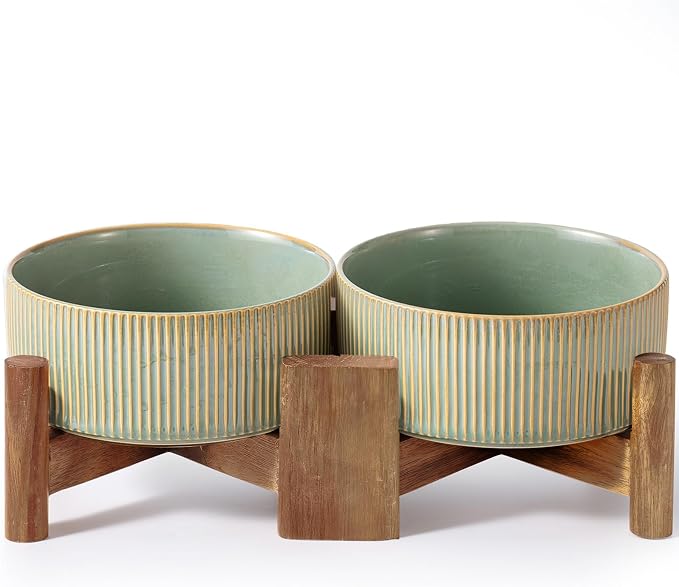 Getstar Ceramic Dog Bowls Set with Acacia Wood Stand, 3.5 Cups Pet Bowls Set of 2 for Medium Dogs, Cute Dog Food Bowl, Cat Bowls